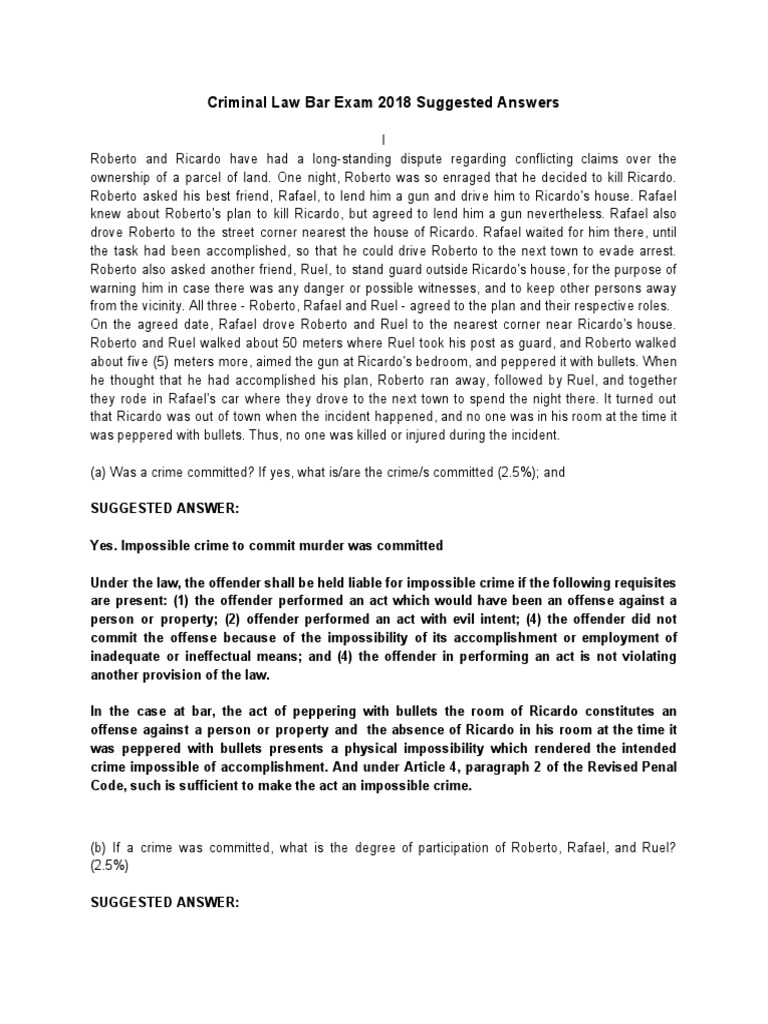 Criminal Law Bar Exam 2018 Suggested Answers PDF Adultery Crime