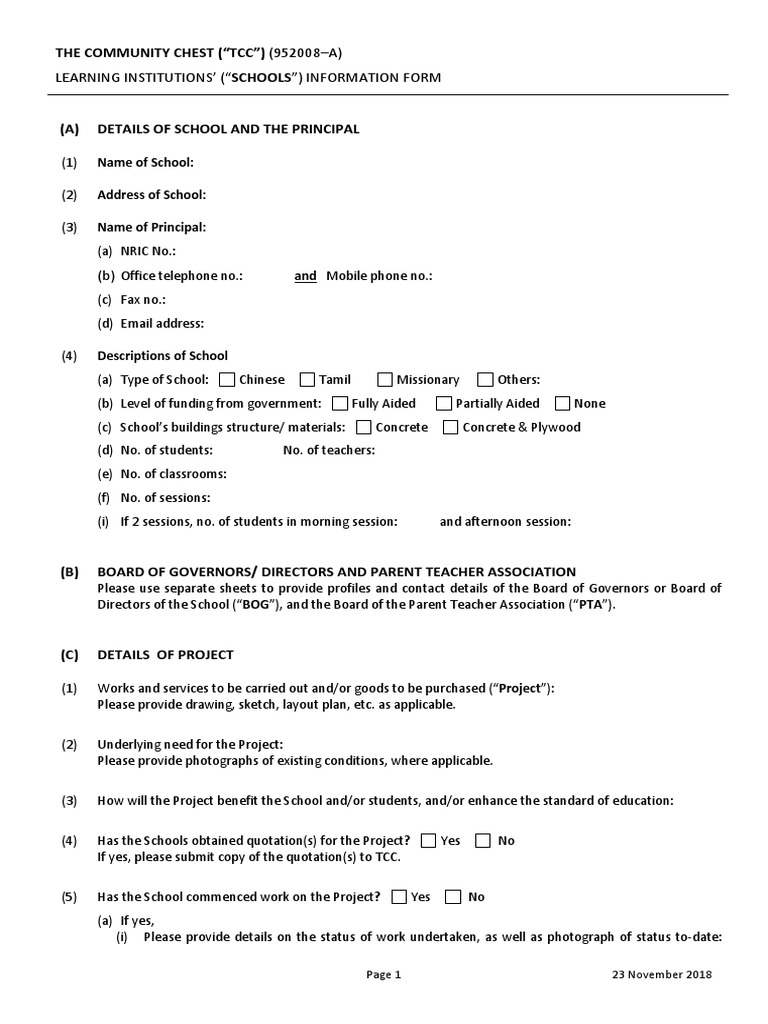 Learning Institutions' ("Schools") Information Form THE COMMUNITY