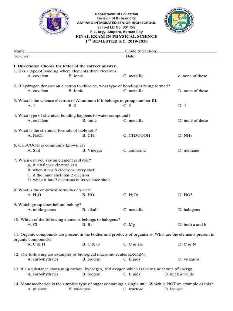 Physical Science Final Exam 2019-2020 | PDF | Carbohydrates | Chemical ...
