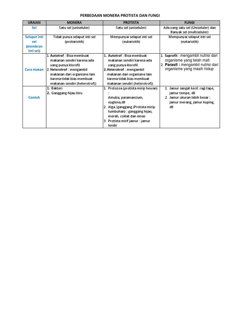 Perbedaan Monera Protista Dan Fungi | PDF