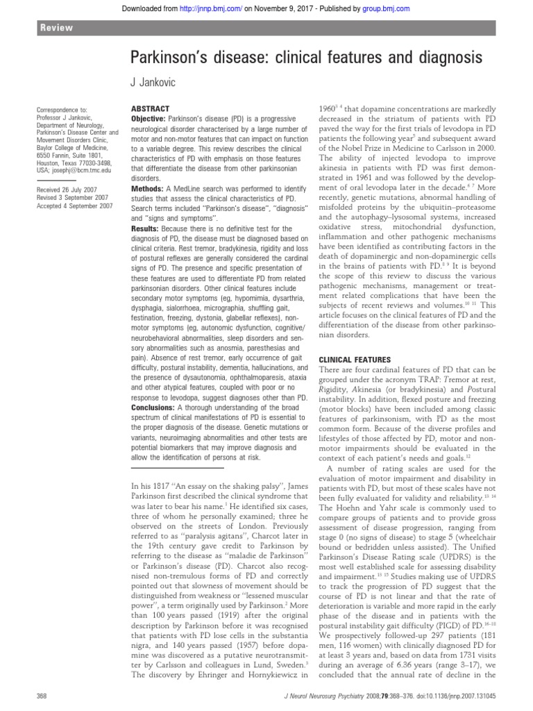 Parkinson's Disease: Clinical Features and Diagnosis: J Jankovic | PDF ...