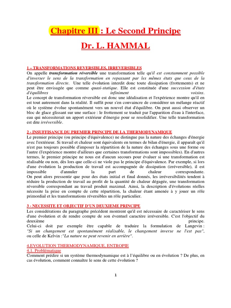 Second Principe de la Thermodynamique | PDF | Entropie | Deuxième ...