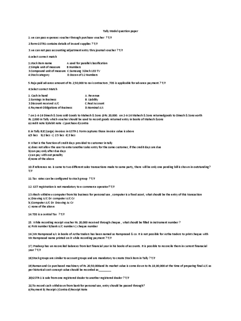 Tally Model Question Paper | PDF | Debits And Credits | Government Finances