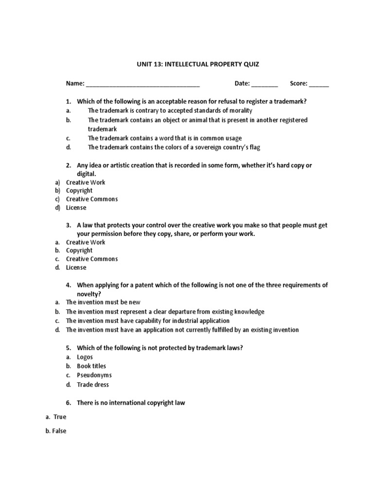 Intellectual Property Quiz PDF Intellectual Property Trademark