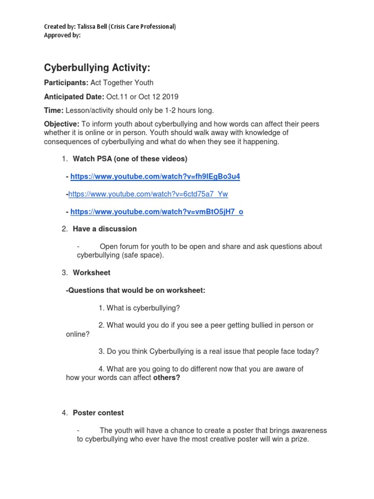 Cyberbullying Activity:: Created By: Talissa Bell (Crisis Care ...