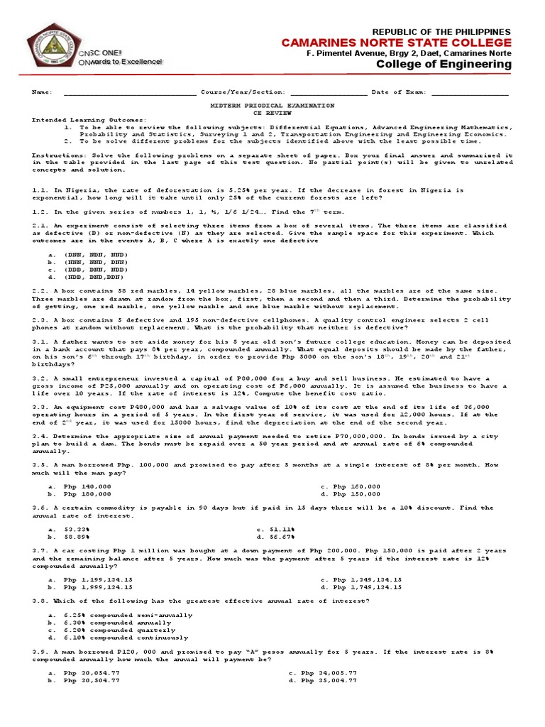 Midterm Exam: CE Review Questions | PDF | Force | Angle