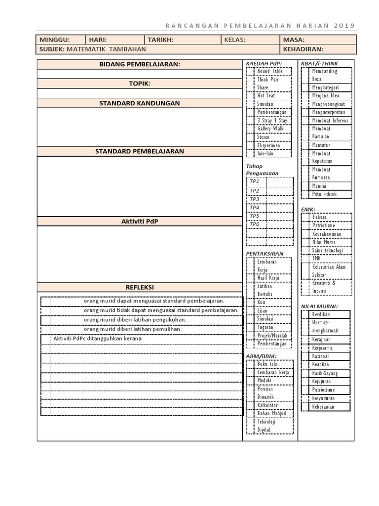 Template Rph Matematik Tambahan Pdf