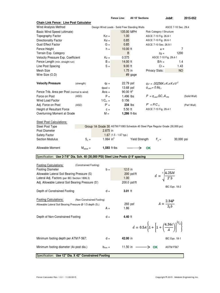 Job#: 2015-052 Chain Link Fence: Line Post Calculator: Q .00256K K K V Q  0.6q | PDF | Civil Engineering | Building Engineering