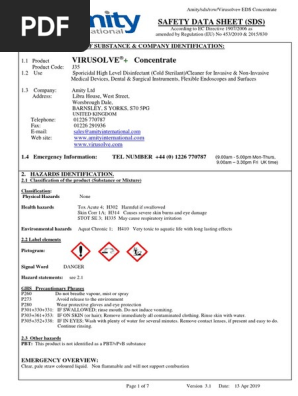 Virusolve Eds Conc Sds Pdf Safety Occupational Safety And Health