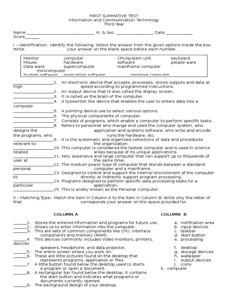 First Periodical Test (Third Year) | PDF | Computer Hardware | Personal ...