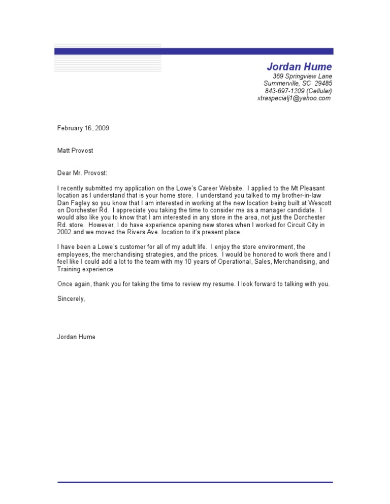 Lowe's Cover Letter Business Marketing
