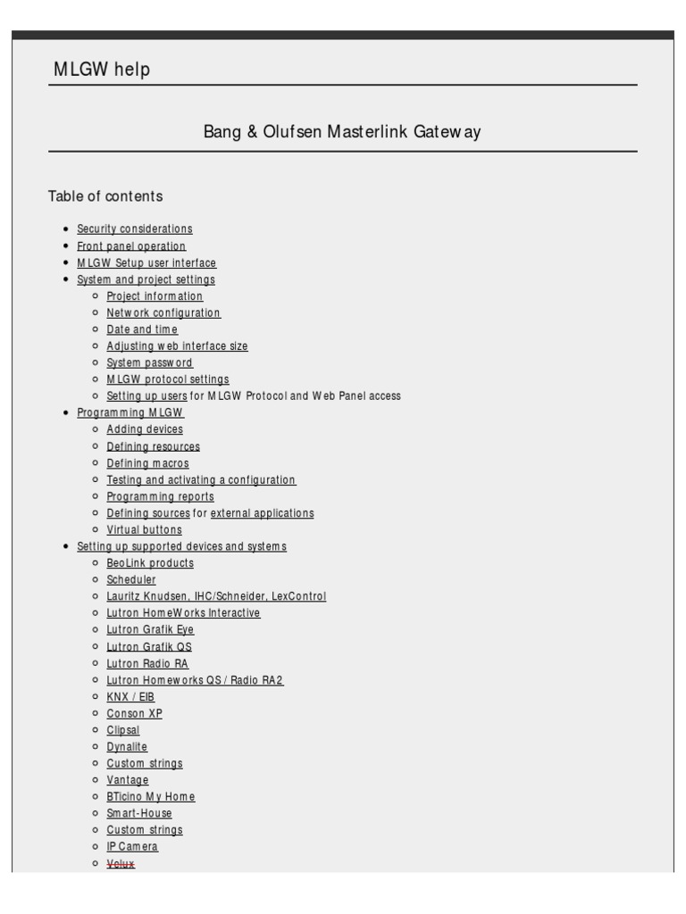 Configuring the Bang & Olufsen Masterlink Gateway (MLGW) for Home