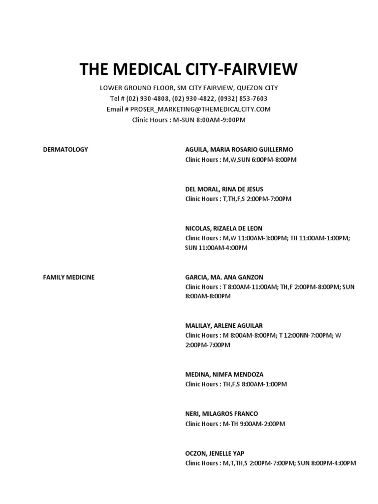 The Medical City Fairview List of Doctors PDF Medicine Medical Specialties