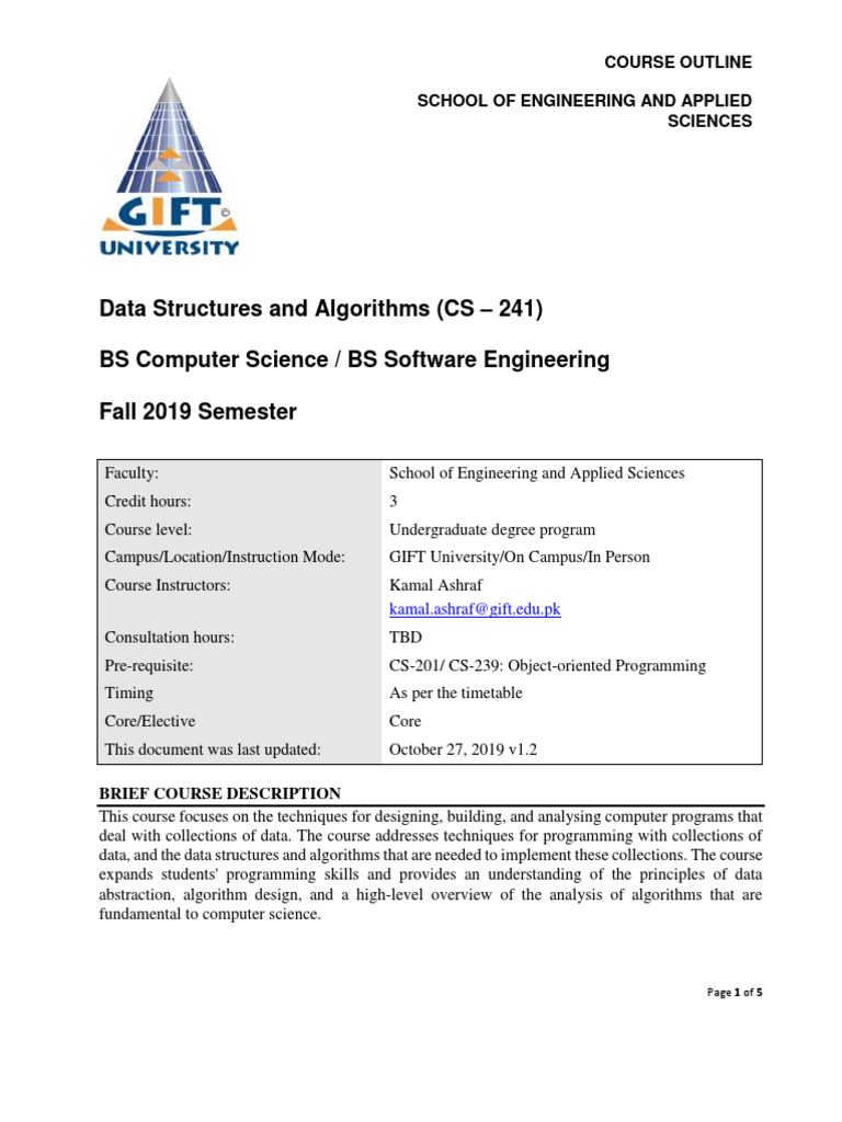 Fall 2019 - CS-241 - Data Structures and Algorithms - Course Outline ...
