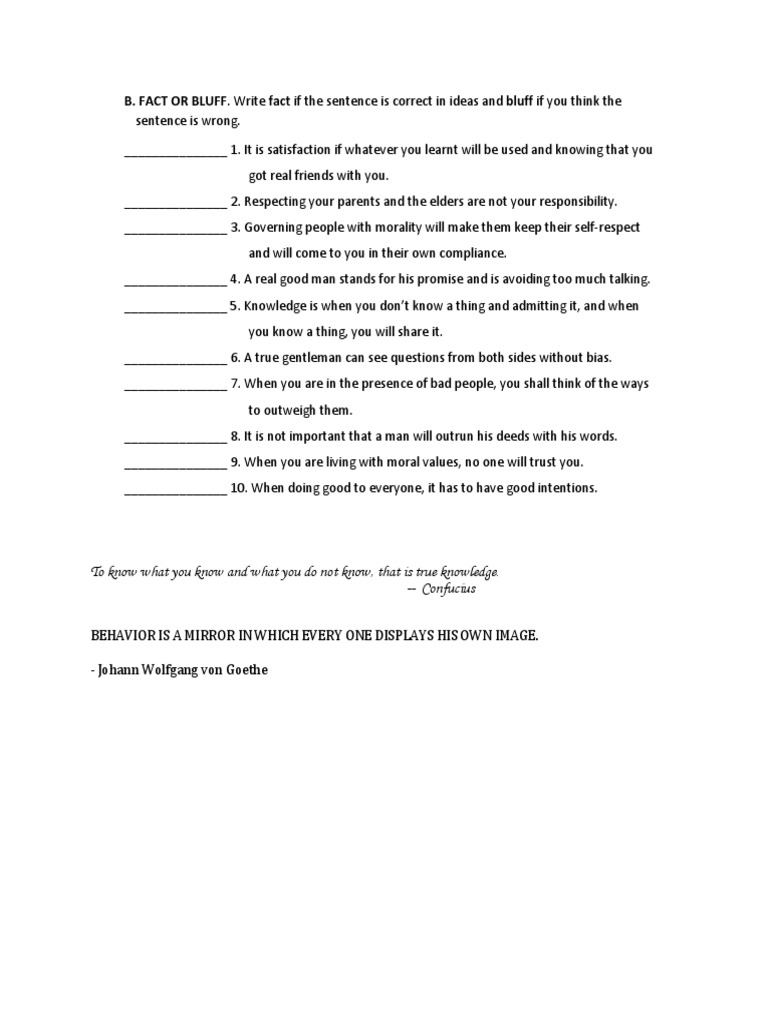 B. FACT OR BLUFF. Write Fact If The Sentence Is Correct in Ideas and