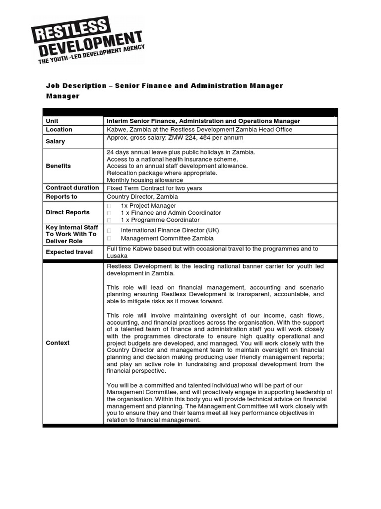 Zambia Senior Finance Admin And Operations Manager 31116 1 Pdf | Pdf | Risk  Management | Audit