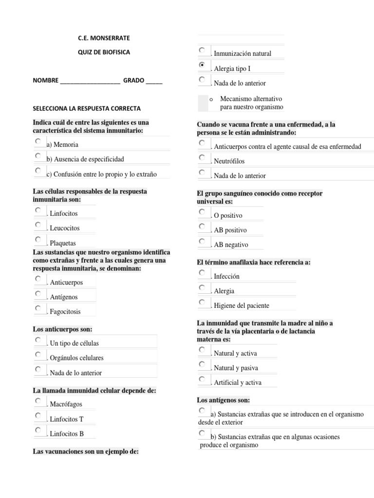 Quiz Del Sistema Inmune Pdf Sistema Inmune Linfocitos