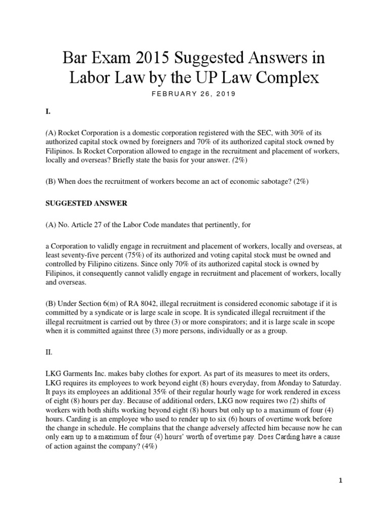 Bar Exam 2015 Suggested Answers in Labor Law by the UP Law Complex