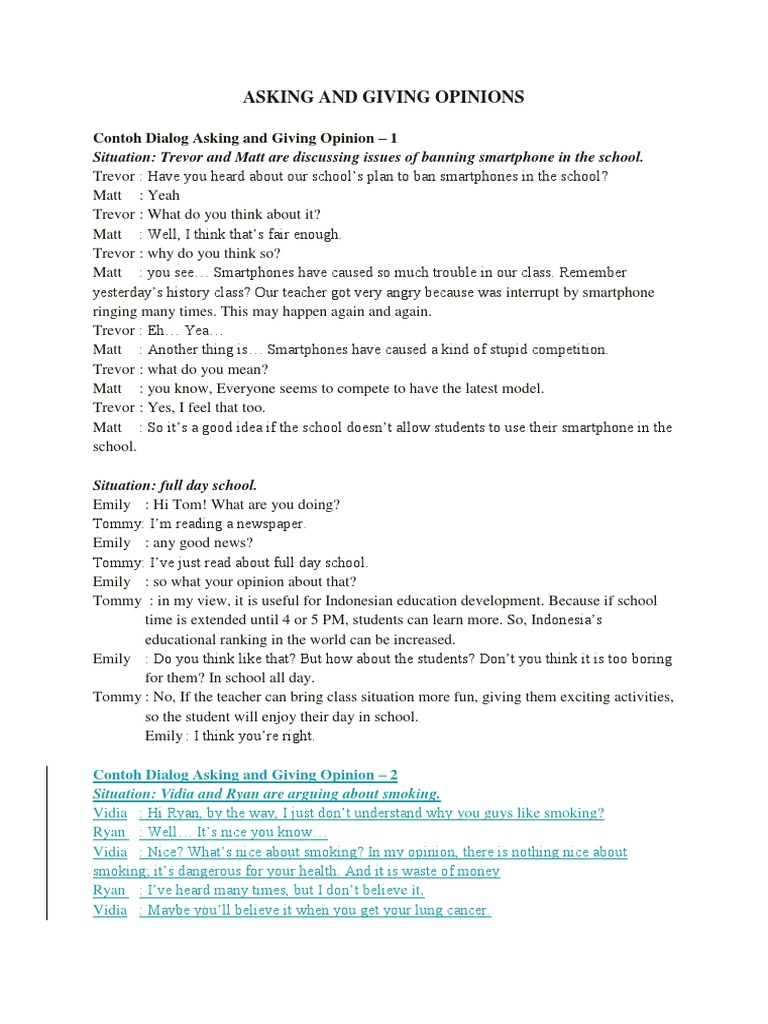 Contoh Dialog Asking and Giving Opinion