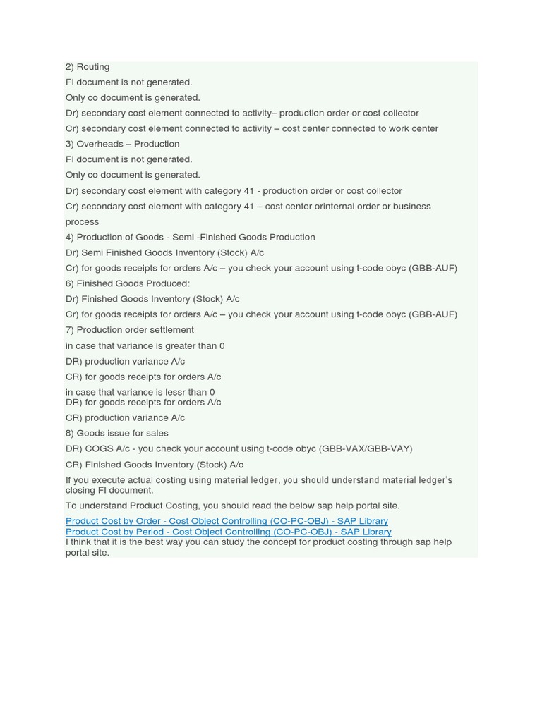 Product cost by order cost object controlling co pc obj sap