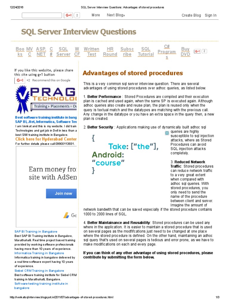 SQL Server Interview Questions - Advantages of Stored Procedures | PDF ...