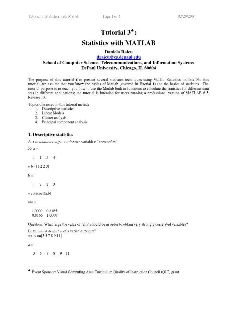 Tutorial 3 Statistics With MATLAB PDF Matlab Principal Component