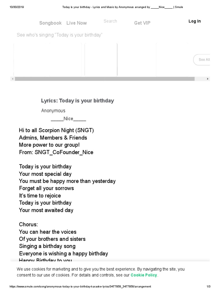 Today Is Your Birthday Lyrics and Music by Anonymous Arranged by Nice Smule PDF