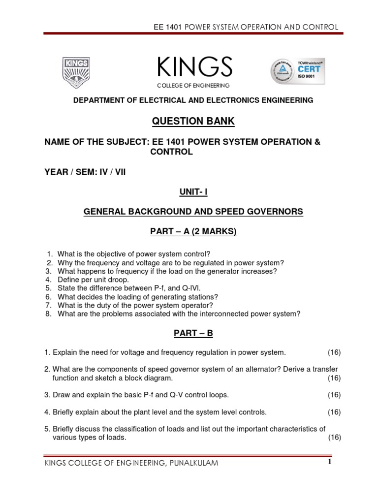 Ee 1401 Power System Operation & Control PDF Electric Power System