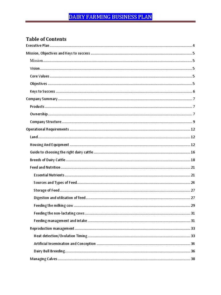Contents Table Dairy Farming Business Plan PDF PDF Dairy Cattle Milk