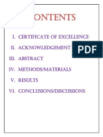 I. Certificate of Excellence Ii. Acknowledgement Iii. Abstract Iv. Methods/materials v. Results Vi. Conclusions/discussions