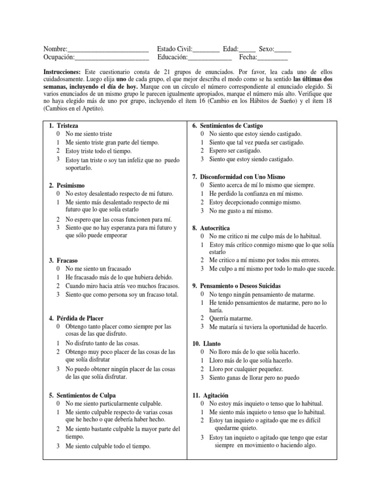BDI - II y BAI | PDF | Depresión (estado de ánimo) | Campos ...