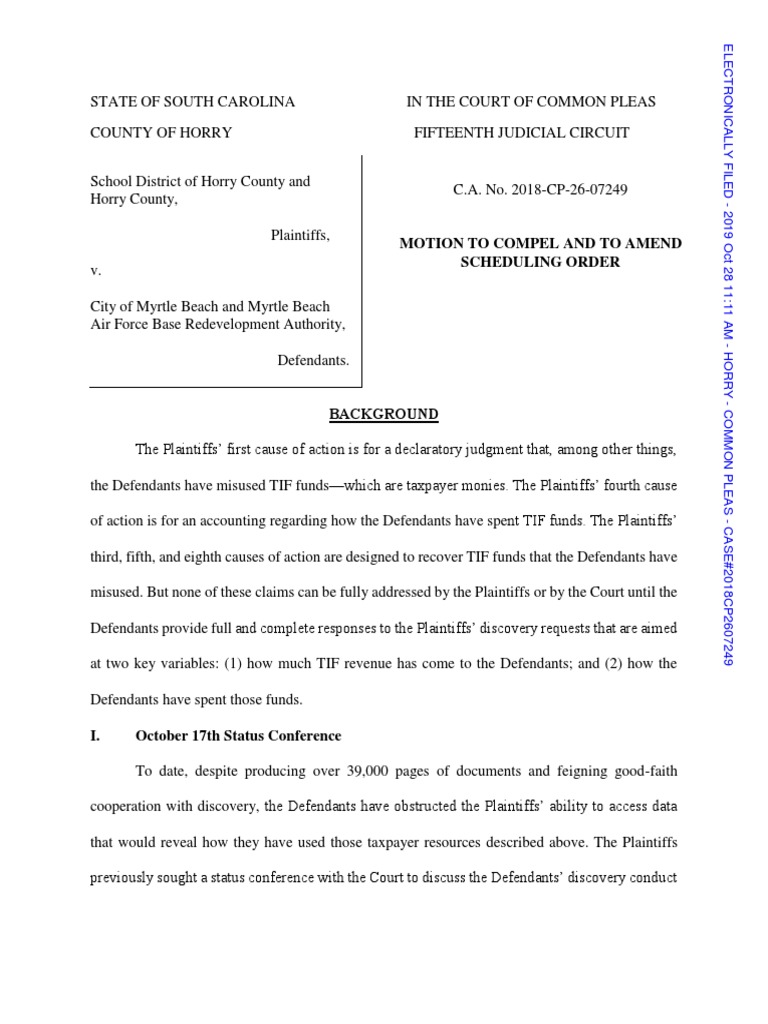 Horry County School District Motion To Compel | PDF | Discovery (Law) |  Justice