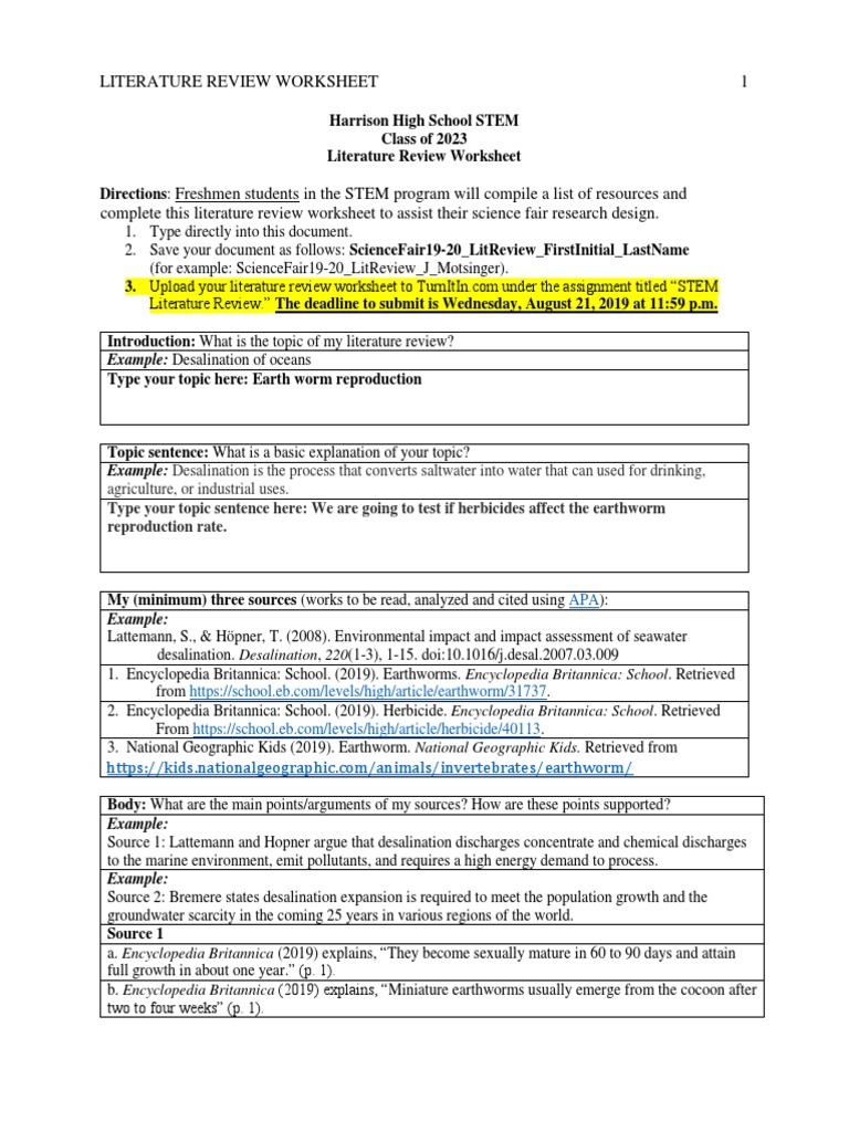 STEM Literature Review Worksheet Guide | PDF | Desalination | Soil