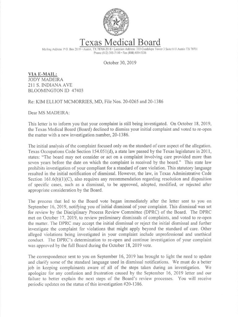 Texas Medical Board Letter PDF