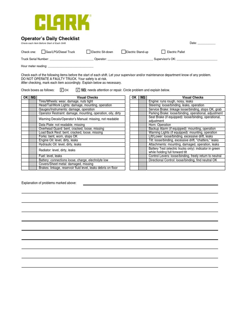 Forklift Operator Daily Checklist | PDF | Truck | Brake