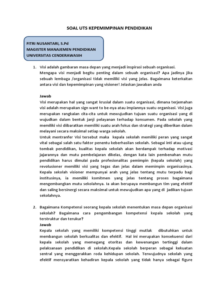 Soal Uts Kepemimpinan Pendidikan