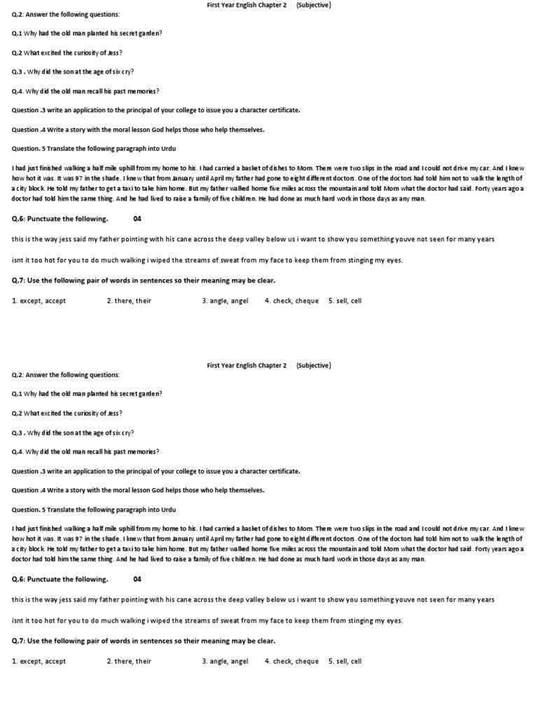First Year English Chapter 2 Questions | PDF | Language Arts ...