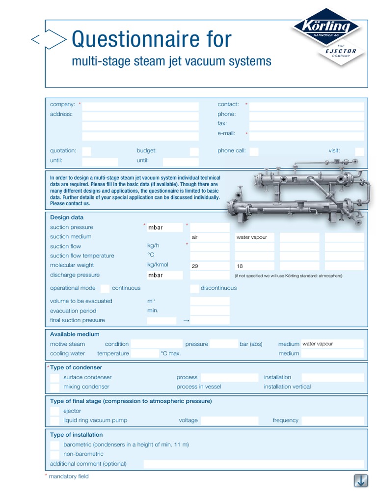 Multi-Stage Steam Jet Vacuum System Questionnaire | PDF | Vacuum | Pump