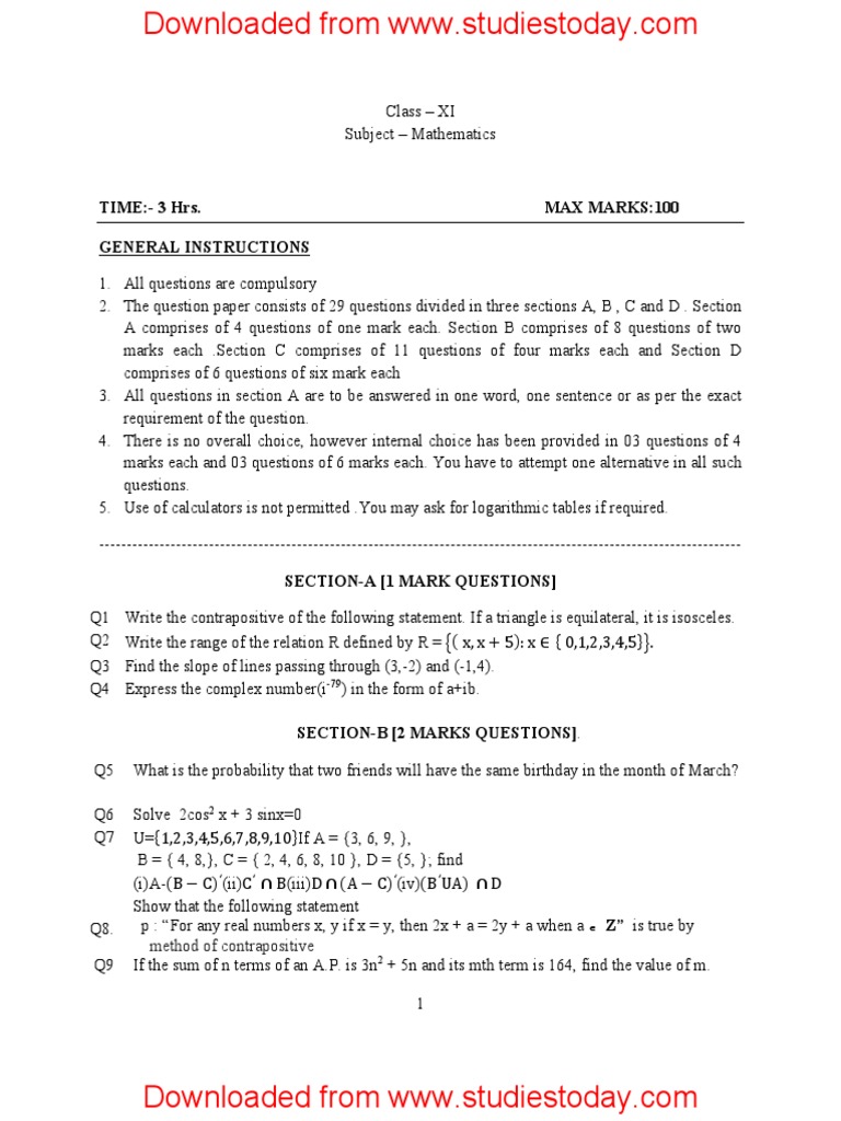 Class XI Mathematics Exam Paper | PDF | Ellipse | Cartesian Coordinate ...