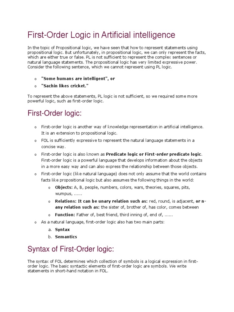 First-Order Logic in Artificial Intelligence | PDF | First Order Logic ...