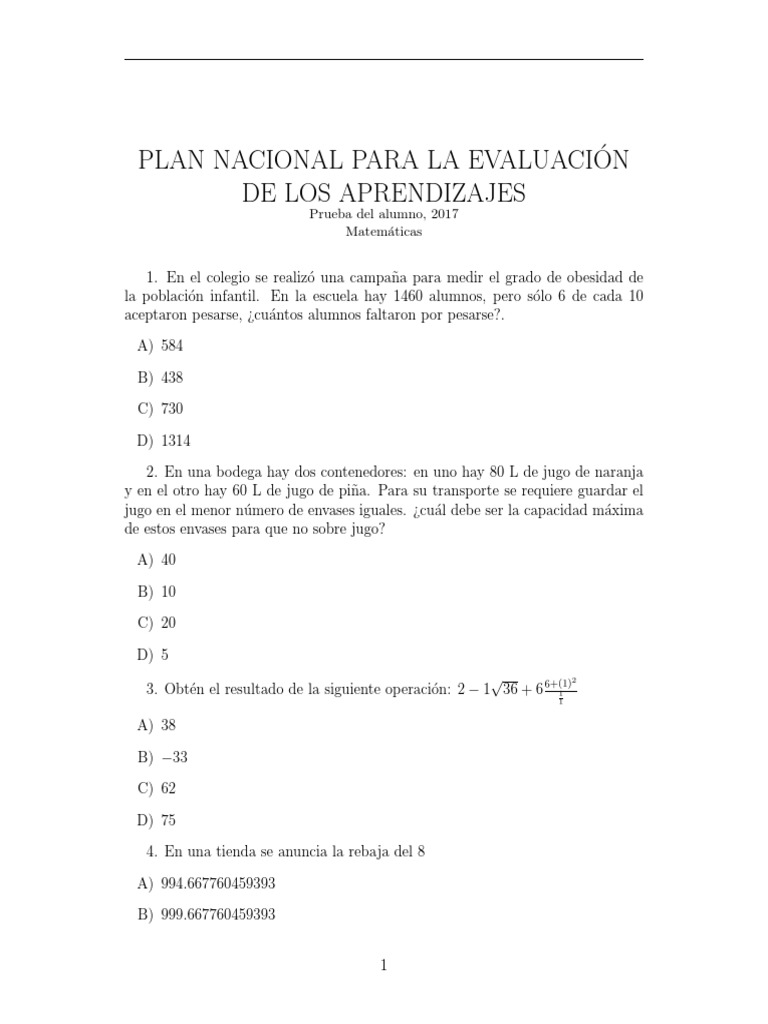 Evaluación de Aprendizajes en Matemáticas 2017 | PDF | Entero ...
