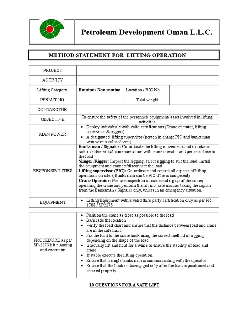 Lifting Plan STANDARD | PDF | Crane (Machine) | Elevator