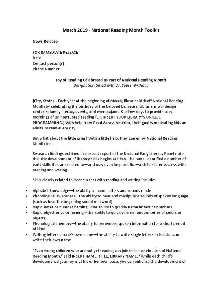 2019 National Reading Month Media Toolkit Pdf Literacy