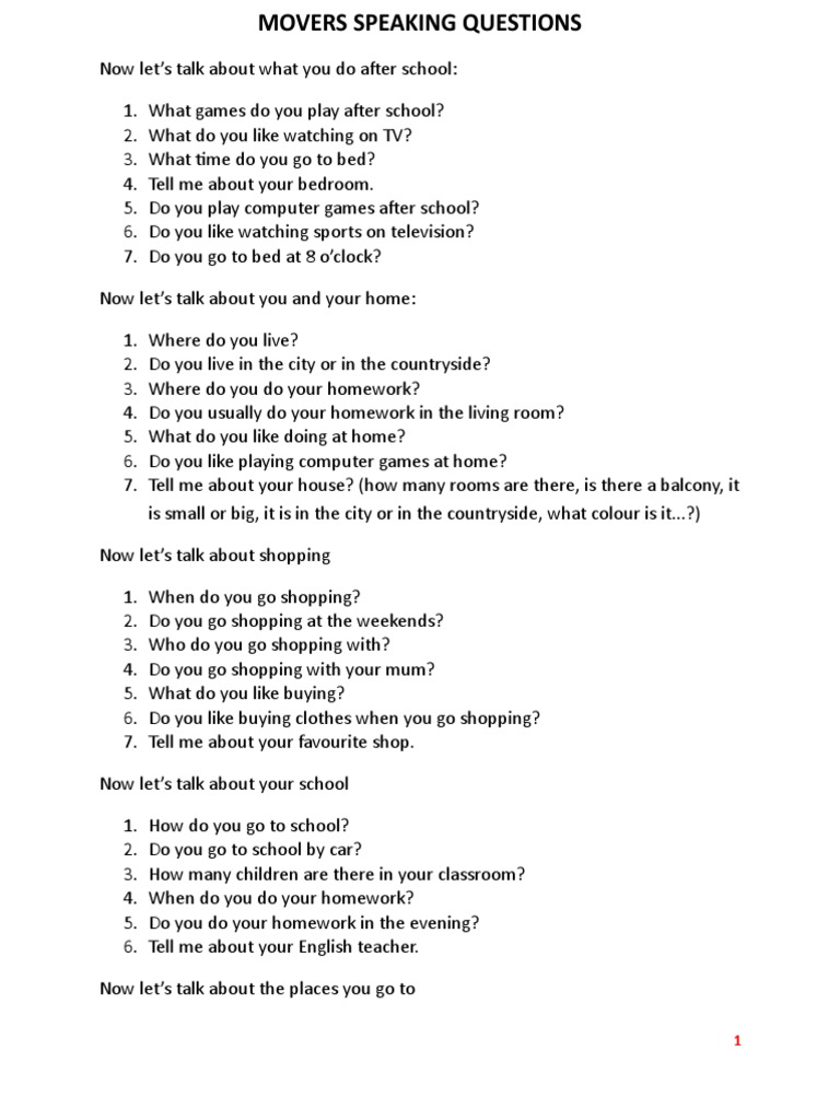 Movers Speaking Questions Foods