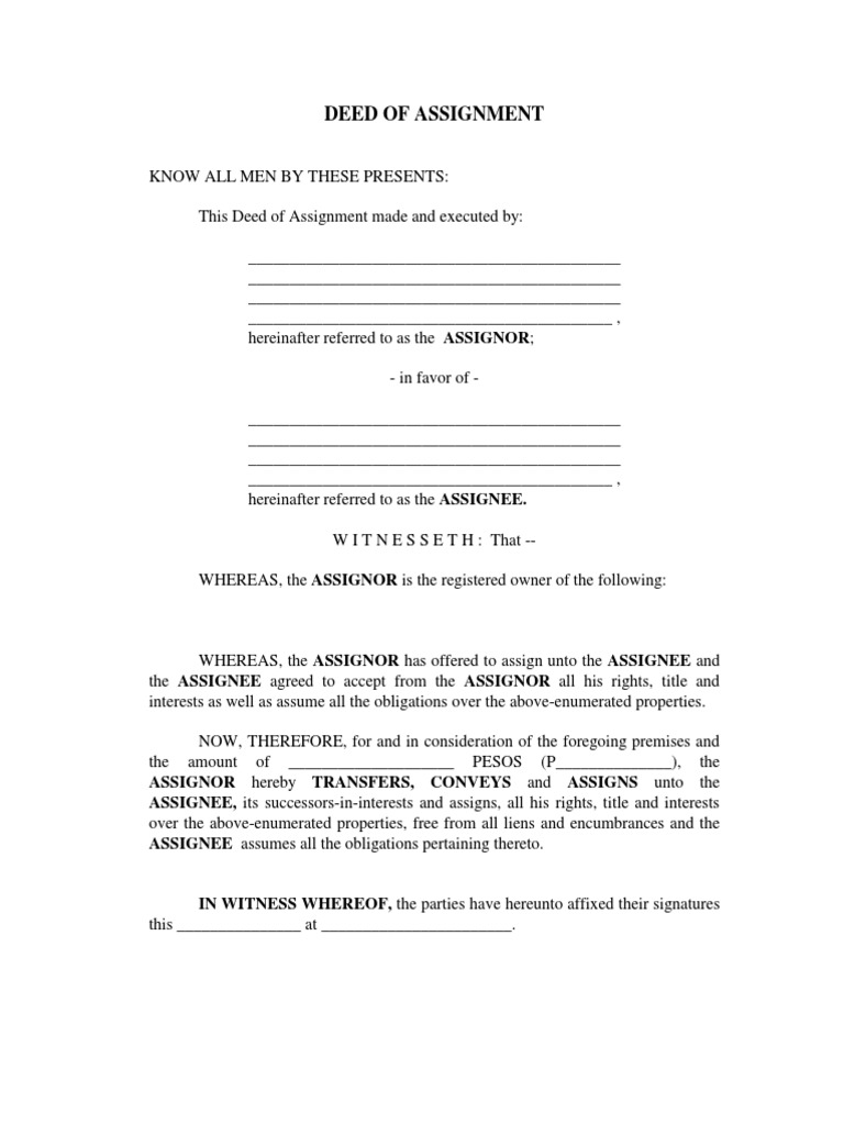 Deed of Assignment Sample | PDF | Assignment (Law) | Deed