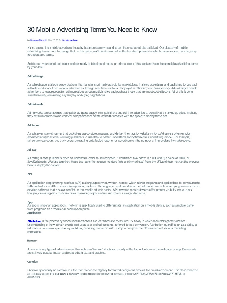 30 Mobile Advertising Terms Advertising Mobile App