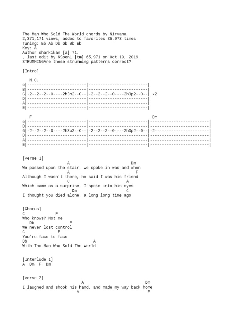 The Man Who Sold The World Chords by Nirvana PDF Song Structure Songs
