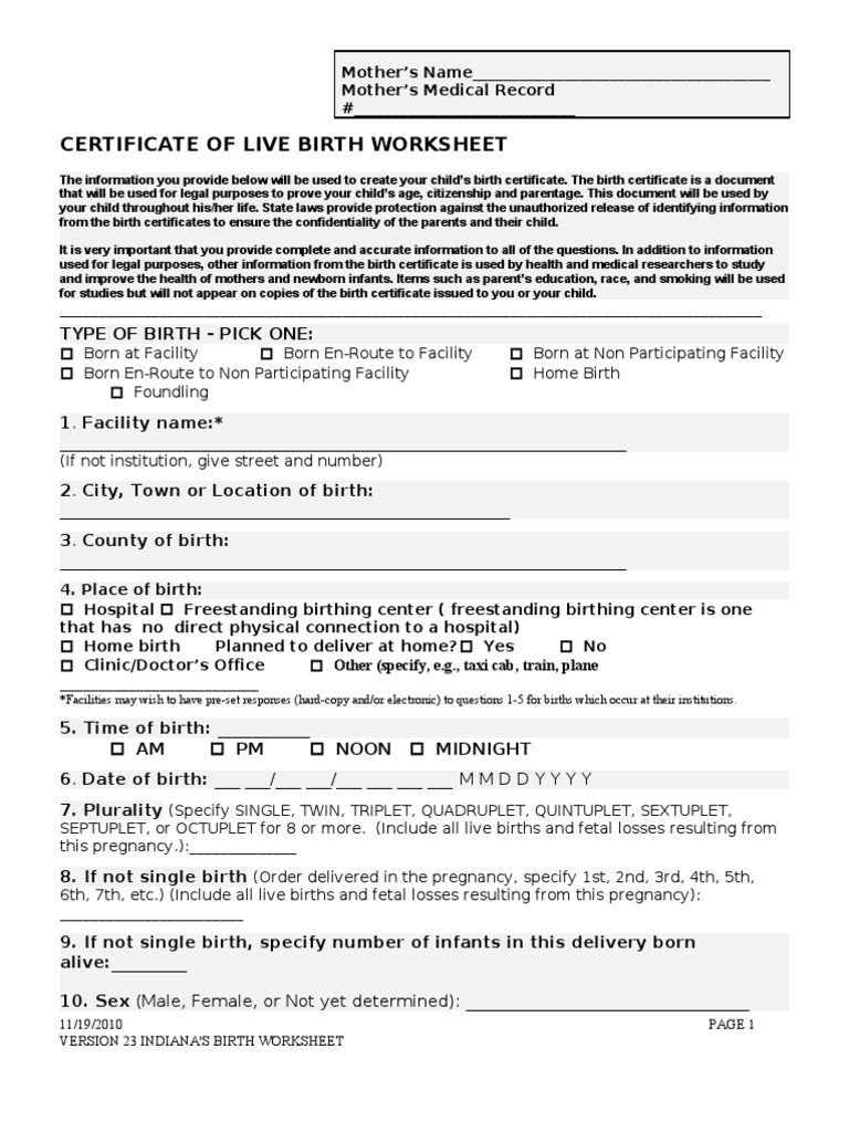 Indiana Birth Worksheet | PDF | Multiple Births | Childbirth