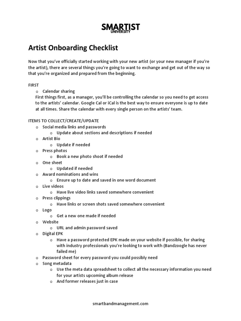 Artist Onboarding Checklist Metadata Password