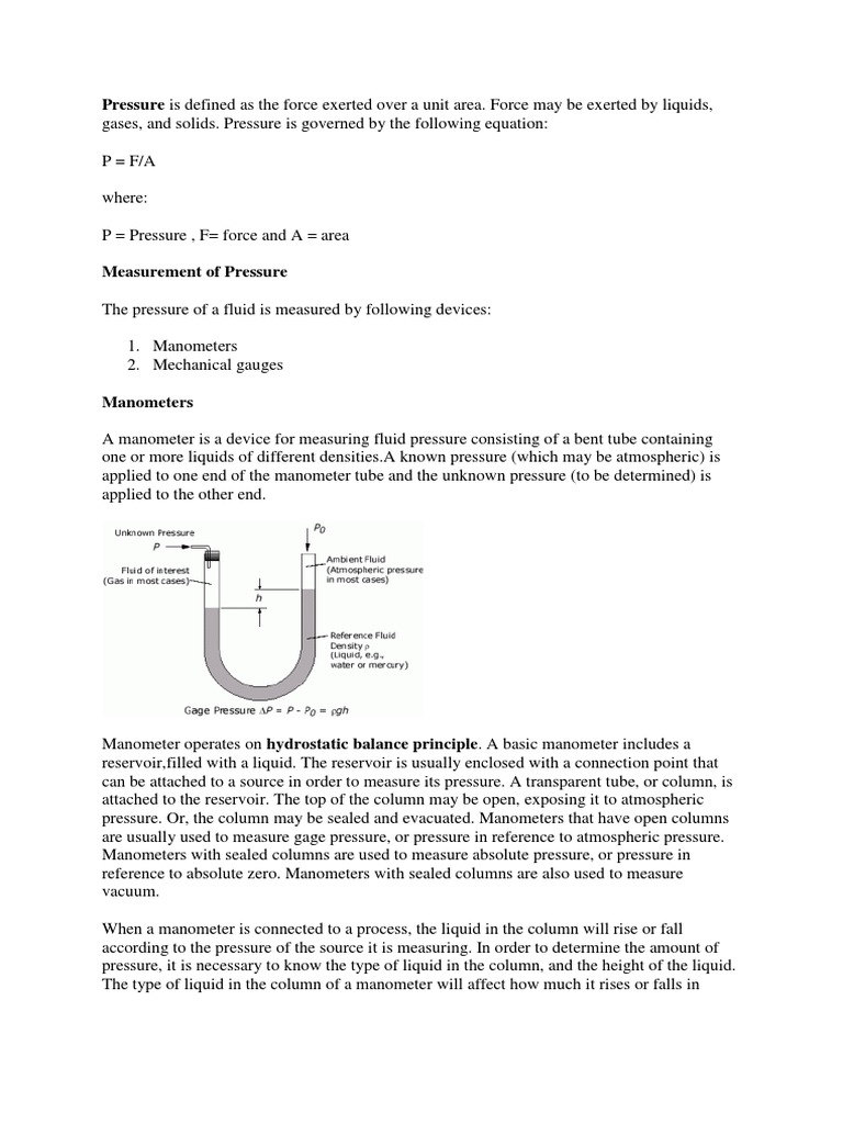 Manometer Notes PDF Pressure Measurement Pressure